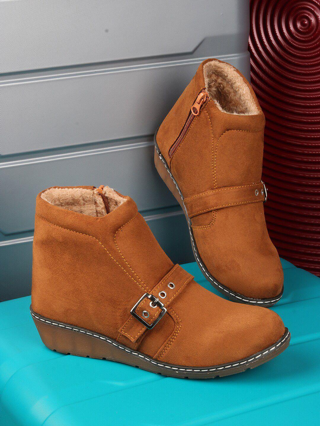 zapatoz girls tan suede wedges boots with buckles