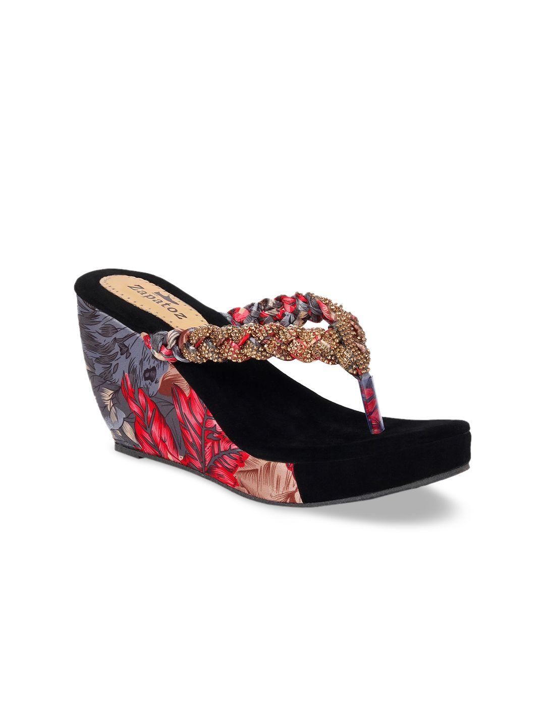 zapatoz women red & gold-toned printed & embellished wedges