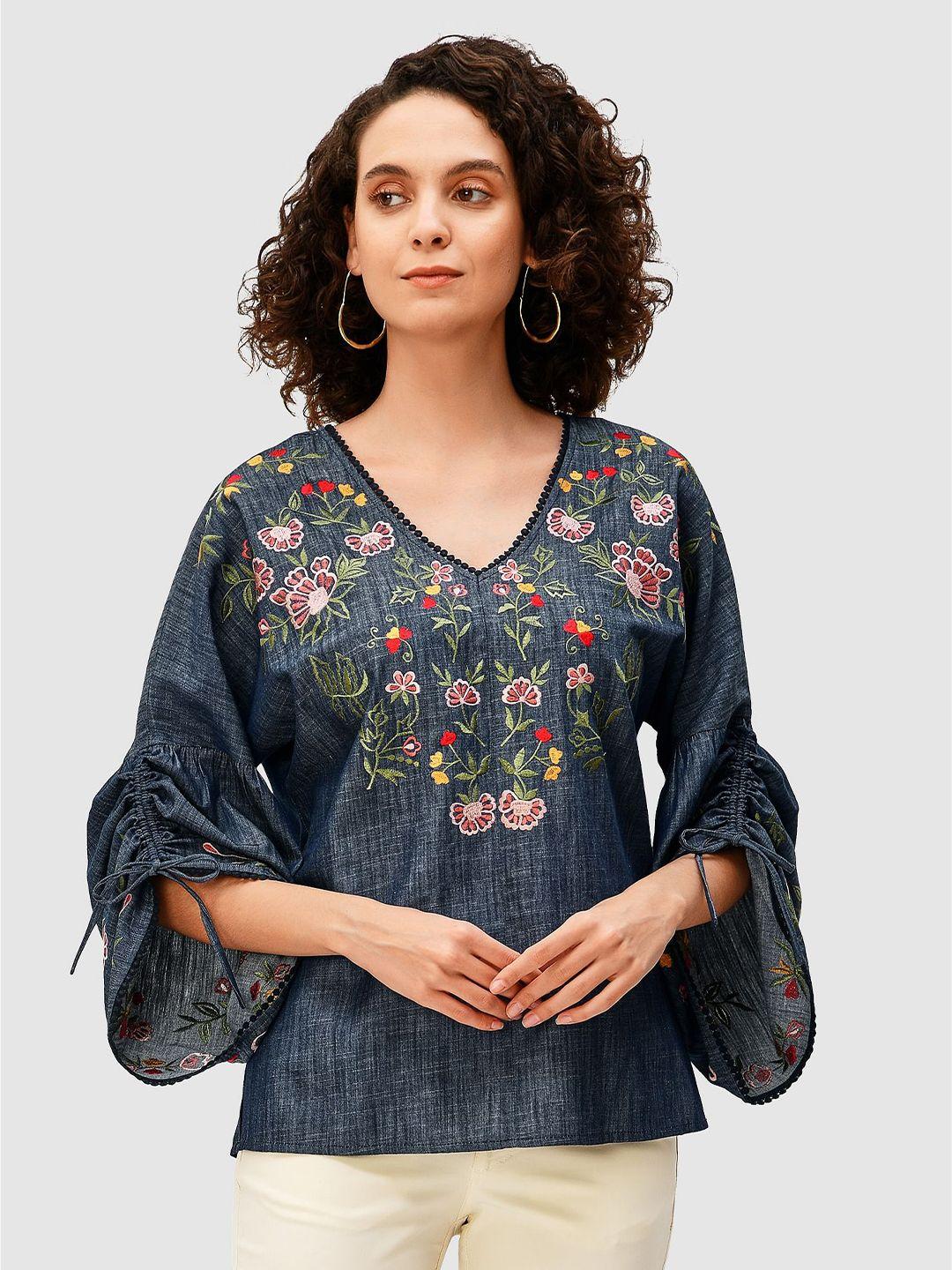zapelle floral embroidered tie-cuff sleeves linen chambray top