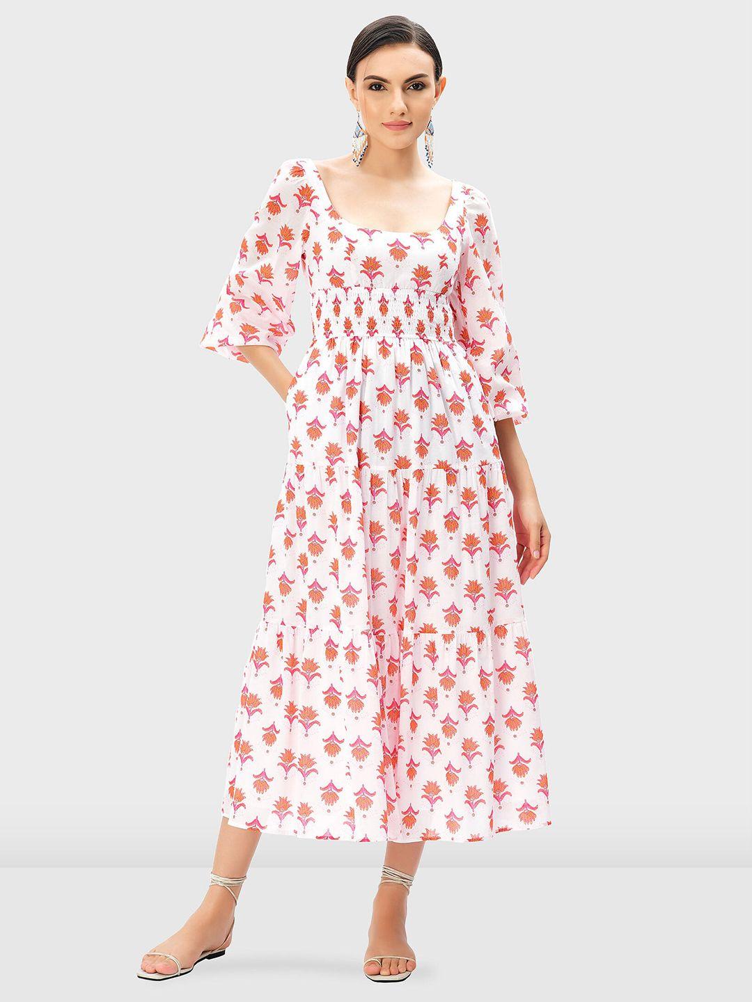 zapelle floral block printed tiered smocked cotton a-line midi dress