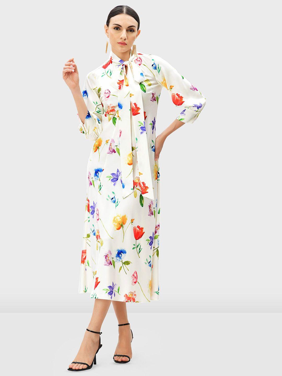 zapelle floral printed tie-up neck satin a-line midi dress