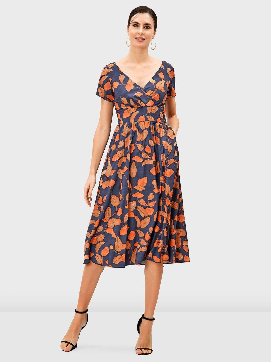 zapelle floral printed v-neck pleated fit & flare midi dress