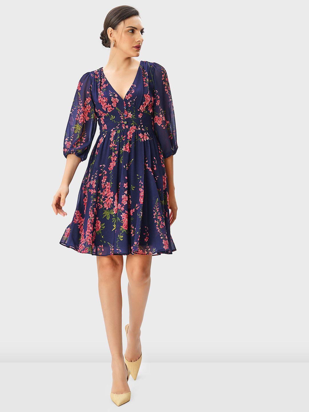 zapelle floral printed v-neck puff sleeves gathered detail georgette fit & flare dress
