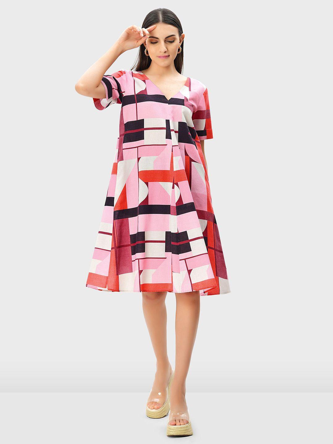zapelle geometric printed v-neck linen a-line dress
