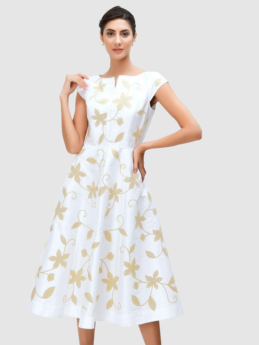 zapelle notch neck floral embroidery midi silk a-line dress