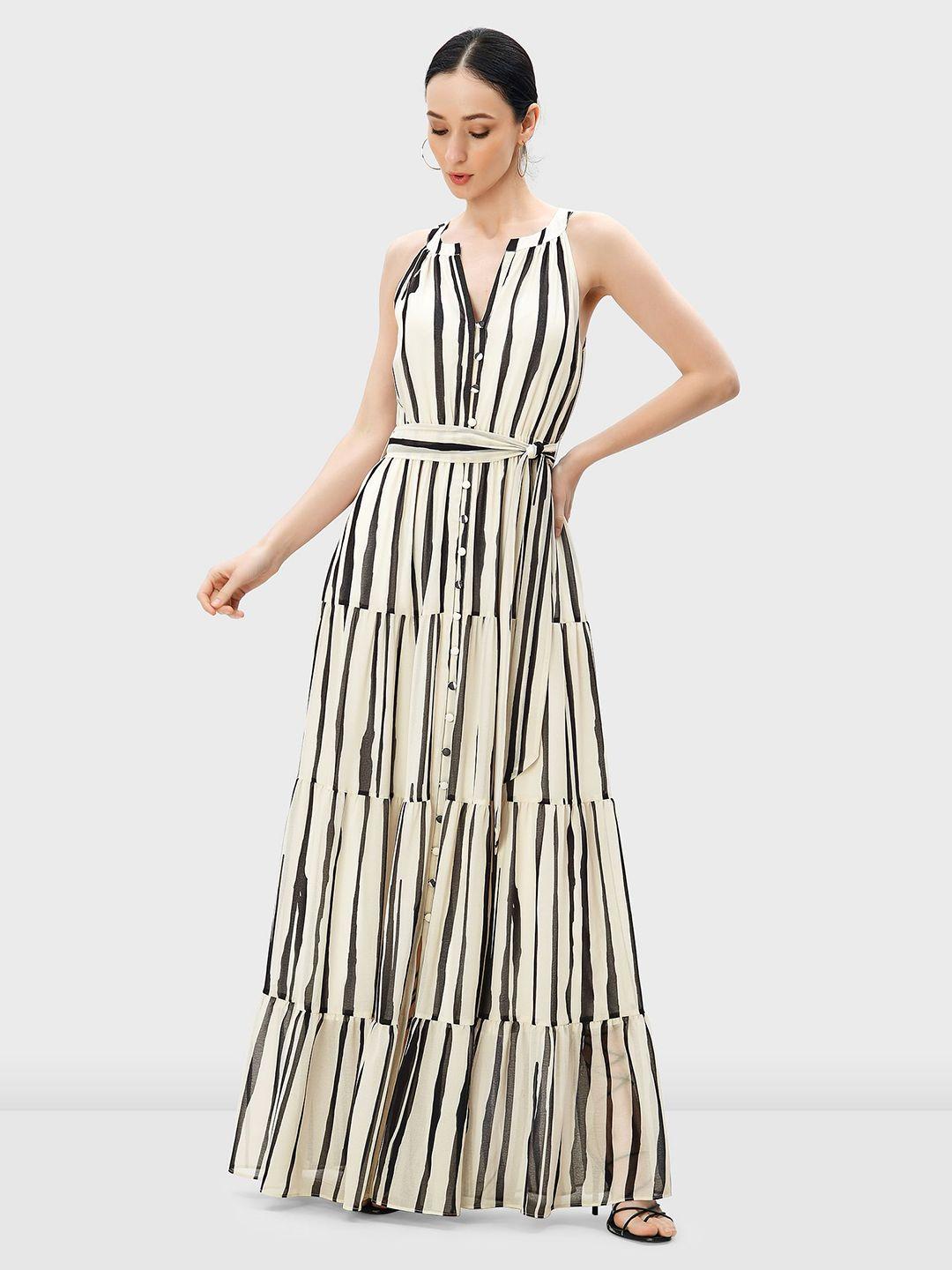 zapelle striped tiered georgette maxi dress with belt