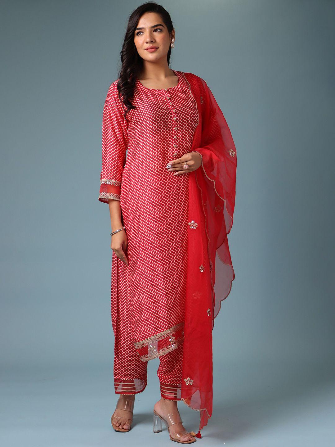 zari bandhani printed regular thread work kurta with trousers & with dupatta