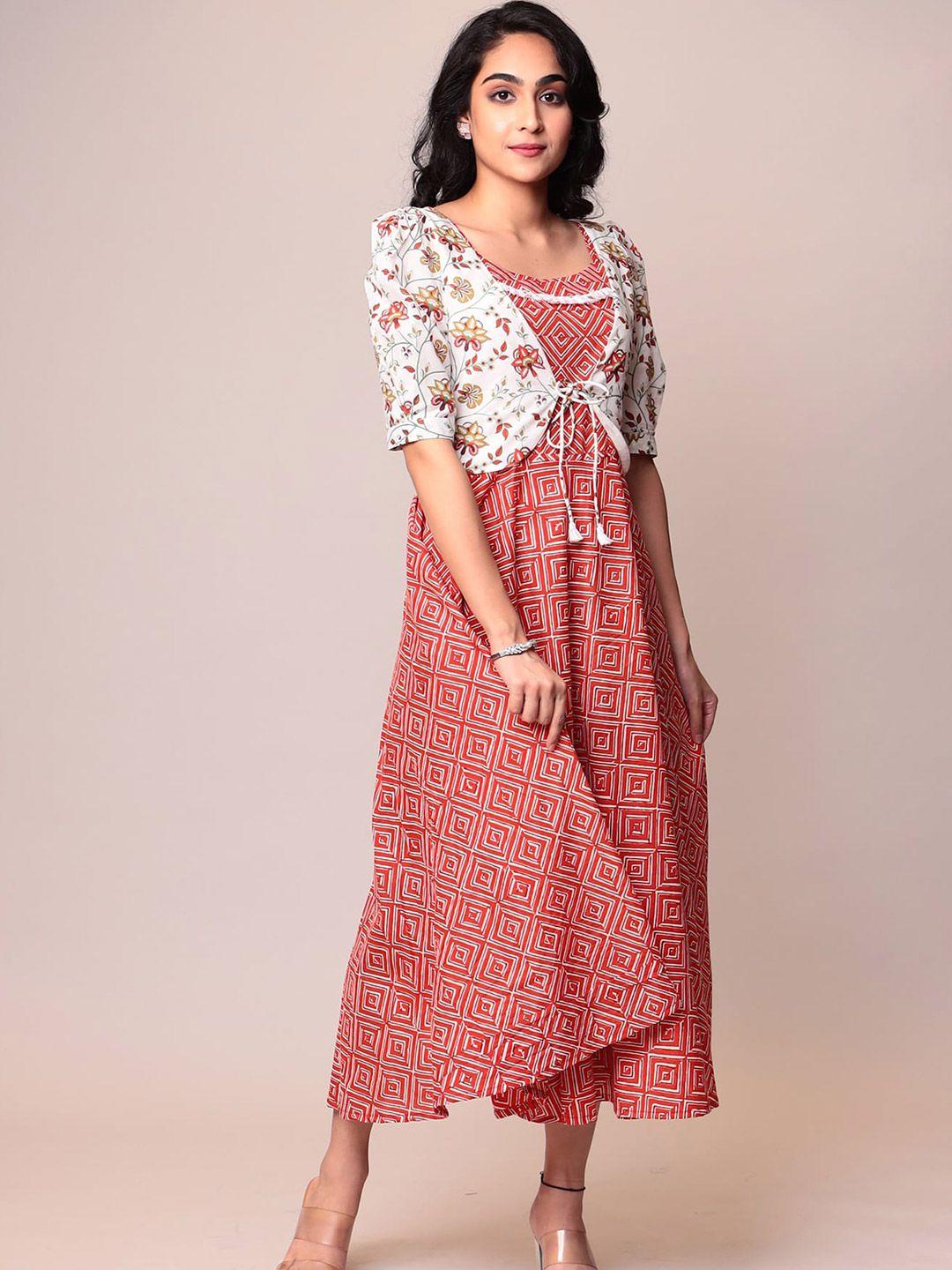 zari ethnic motifs printed cotton a-line midi dress with shrug