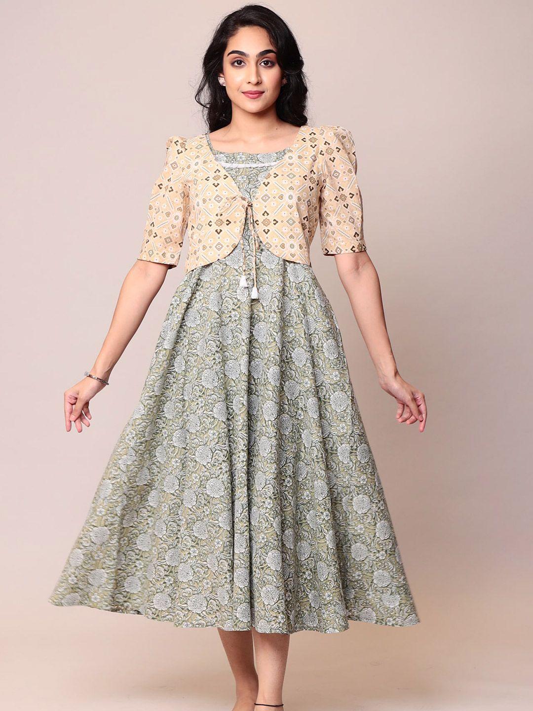 zari floral printed cotton a-line midi dress with shrug