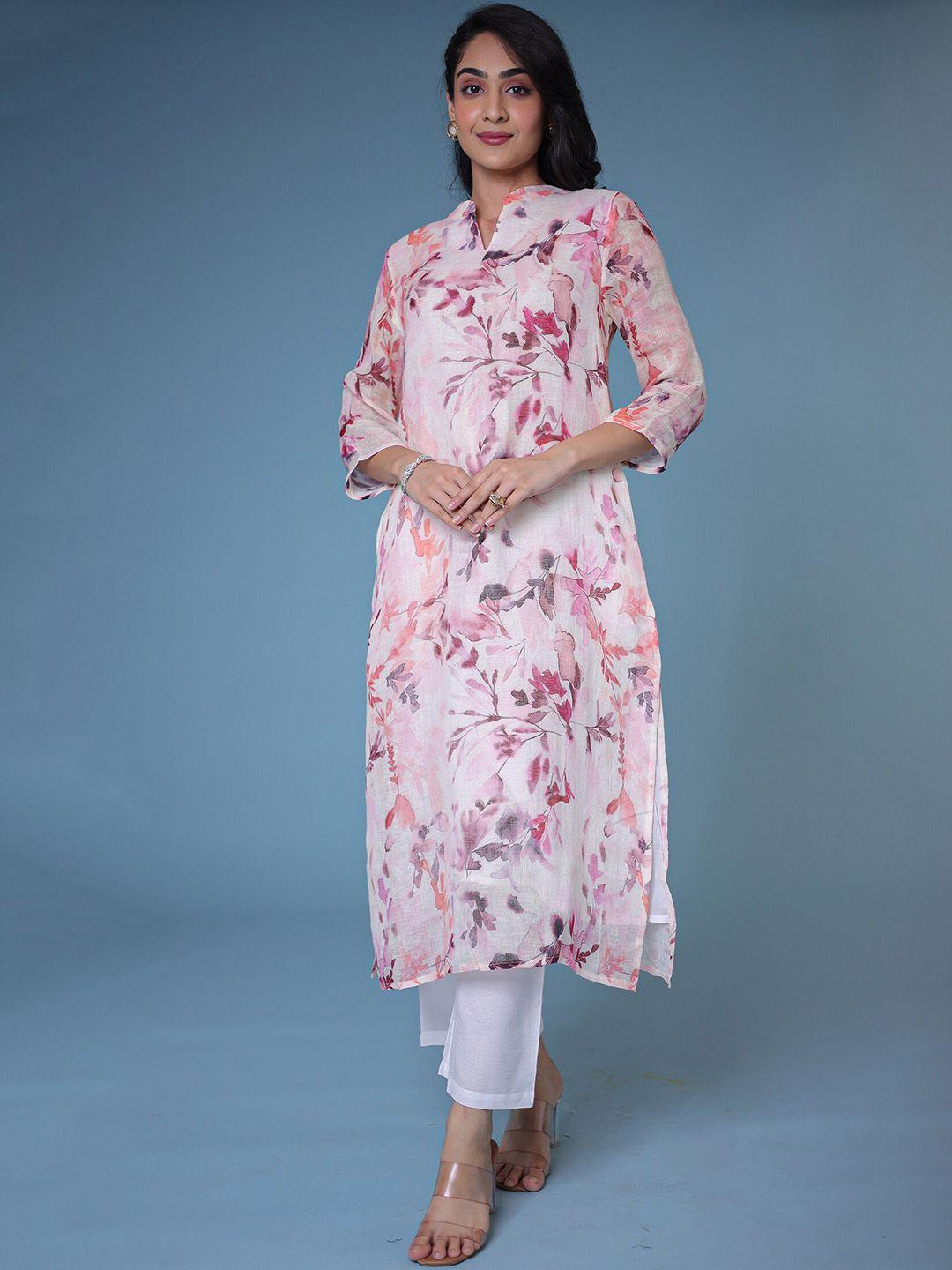 zari floral printed regular linen kurta with palazzos