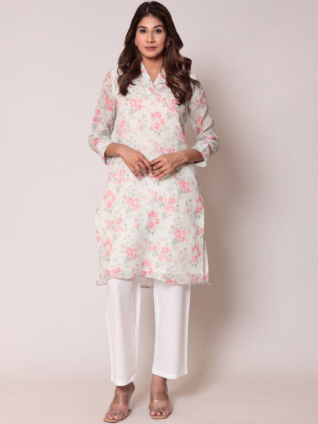 zari floral printed regular linen kurta with trousers