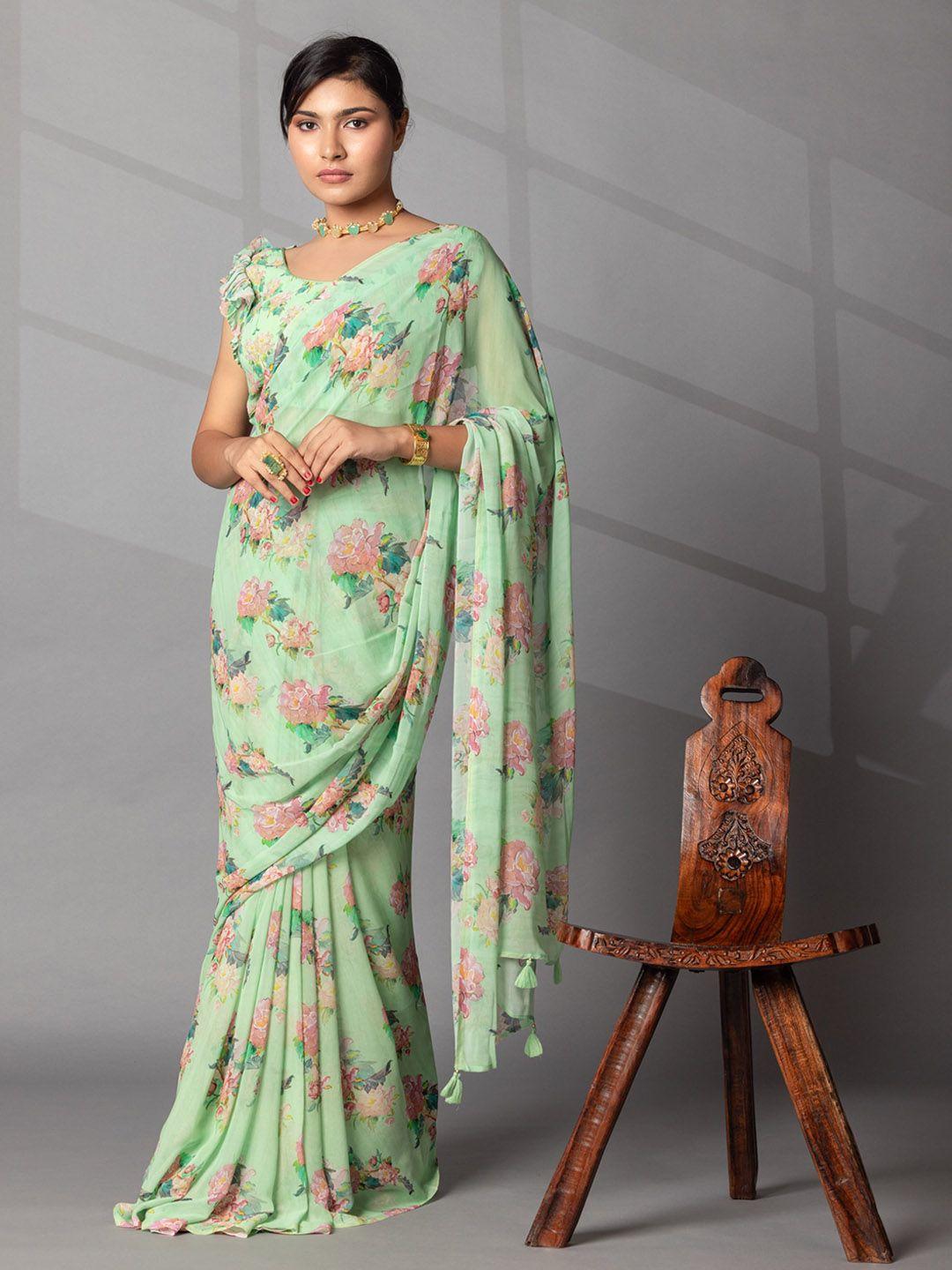 zari floral printed saree with unstitched blouse piece