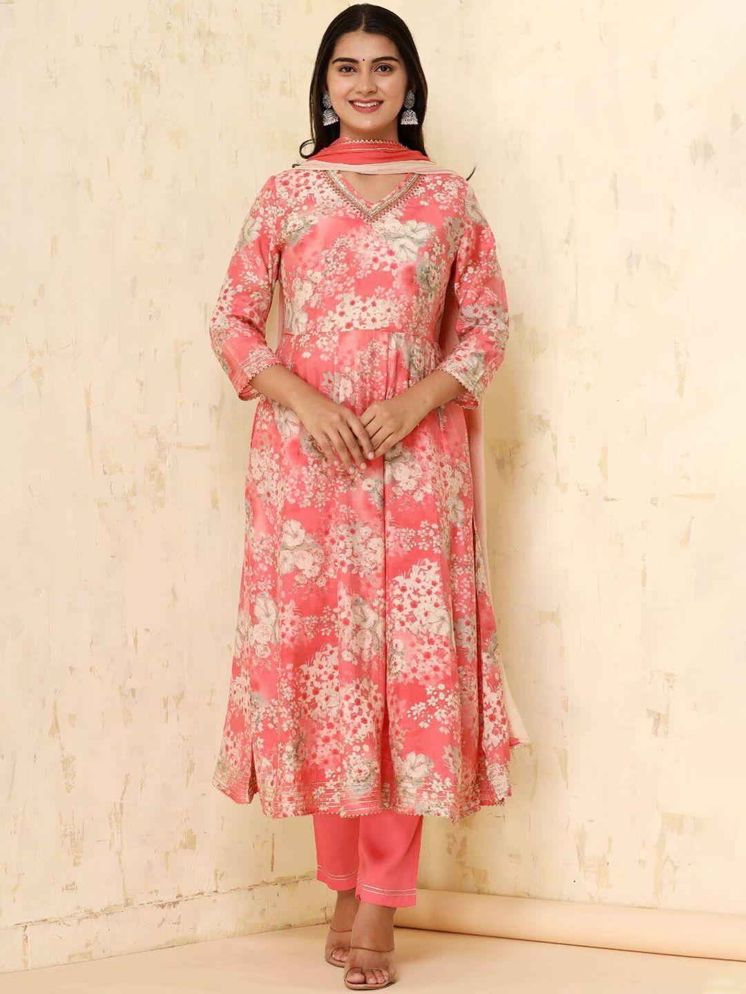 zari floral printed sequinned anarkali kurta & trousers with dupatta