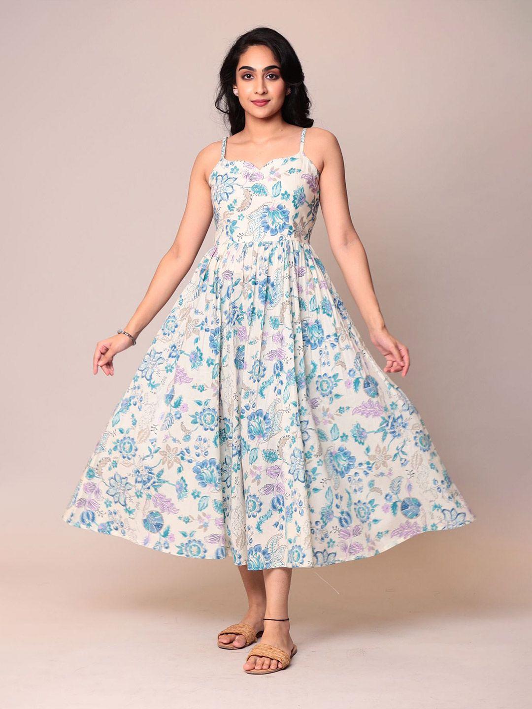 zari floral printed shoulder straps cotton fit & flare midi dress