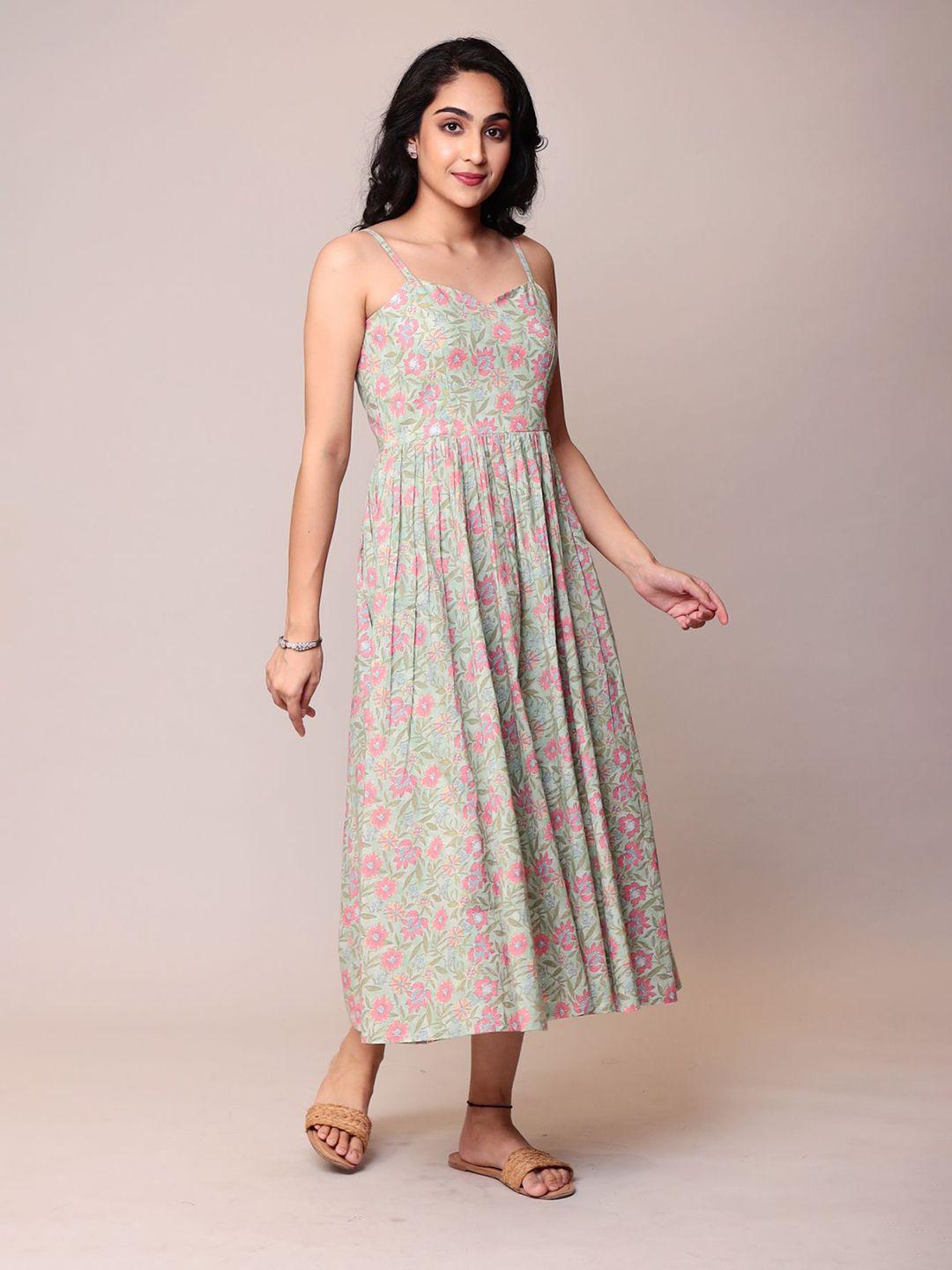 zari floral printed shoulder straps cotton fit & flare midi dress