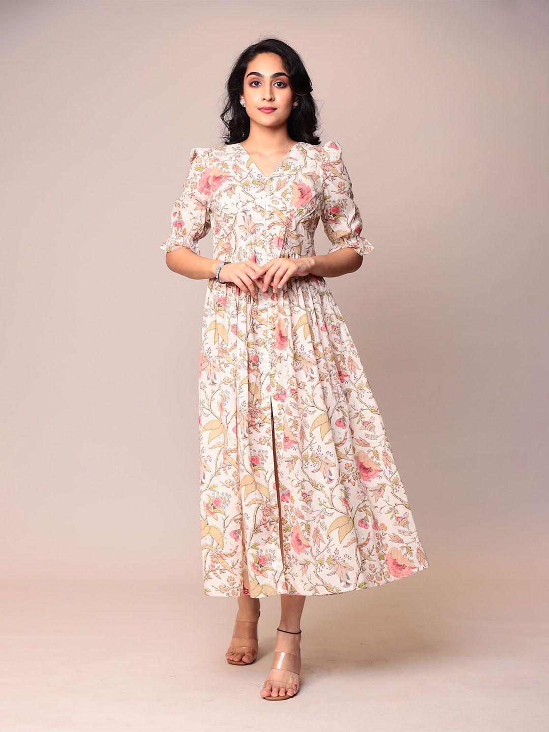 zari floral printed v-neck puff sleeves cotton maxi dress
