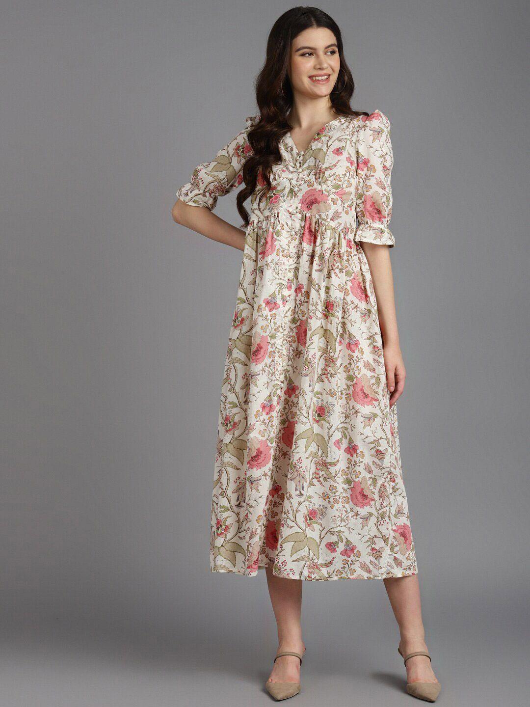 zari floral printed v-neck puff sleeves gathered cotton casual a-line midi dress