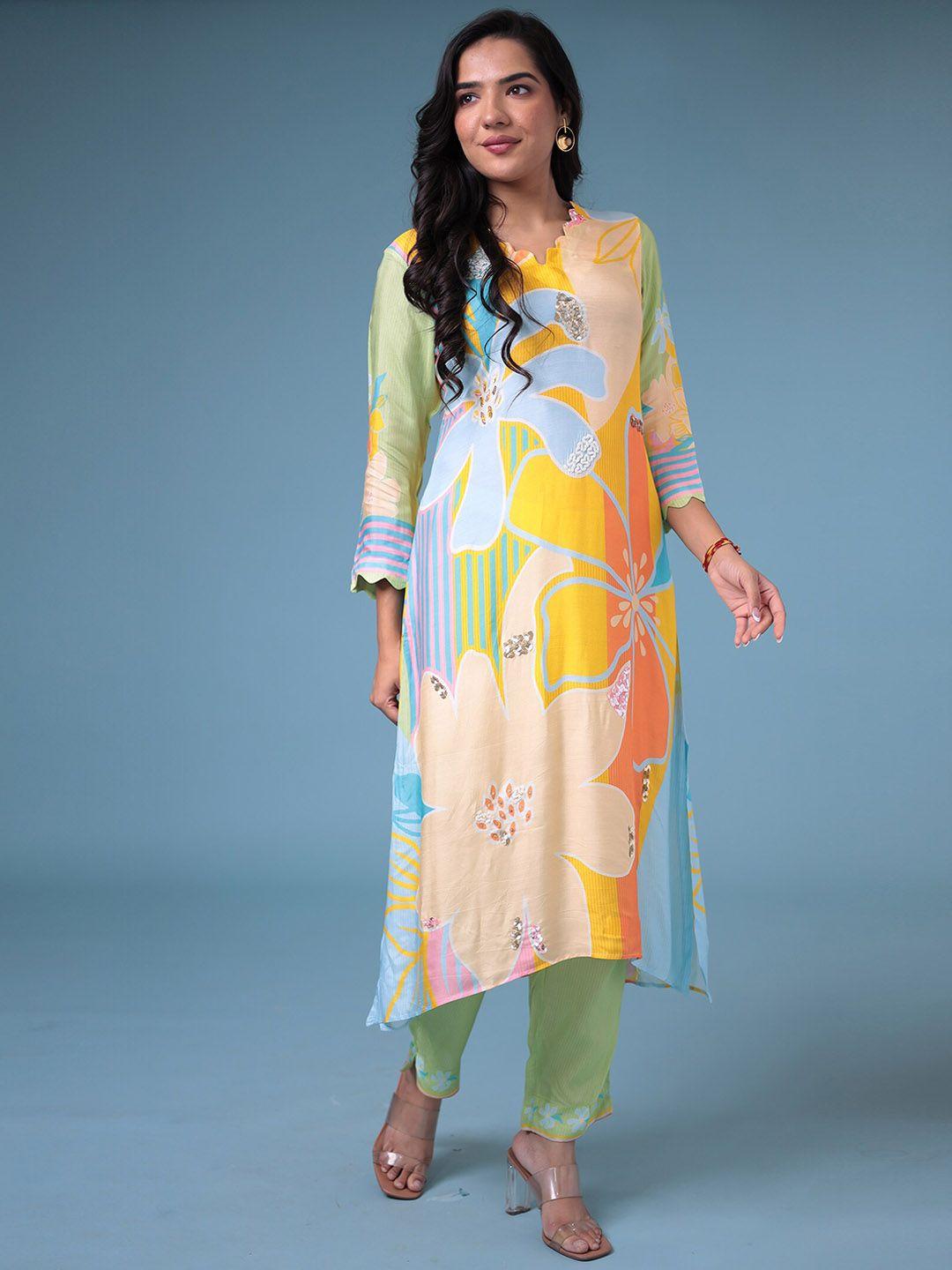 zari floral printed v-neck straight kurta with trousers