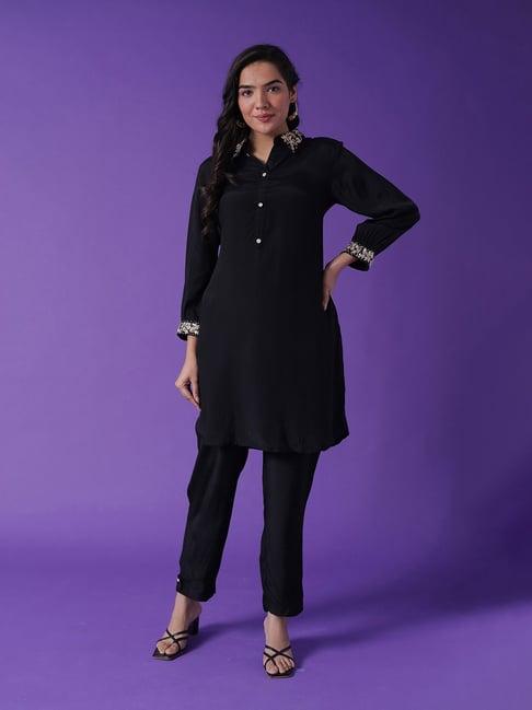 zari jaipur black embellished kurta pant set