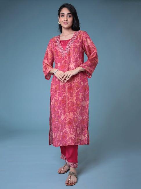 zari jaipur dark pink printed kurta pant set