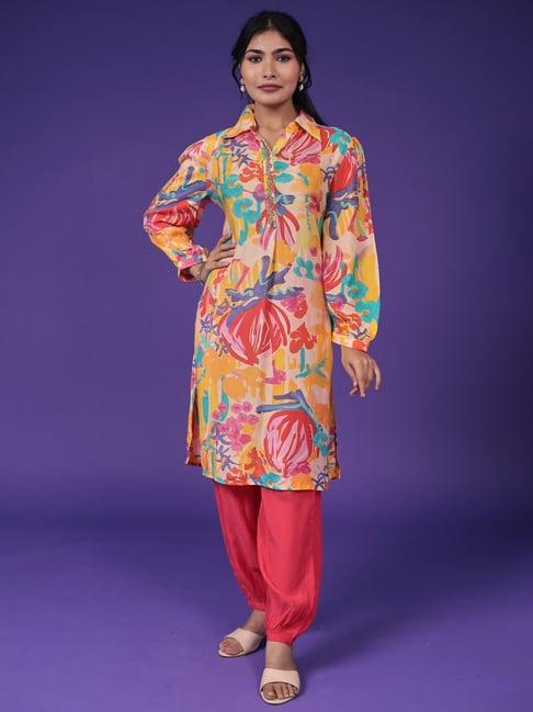 zari jaipur orange & pink printed kurta salwar set