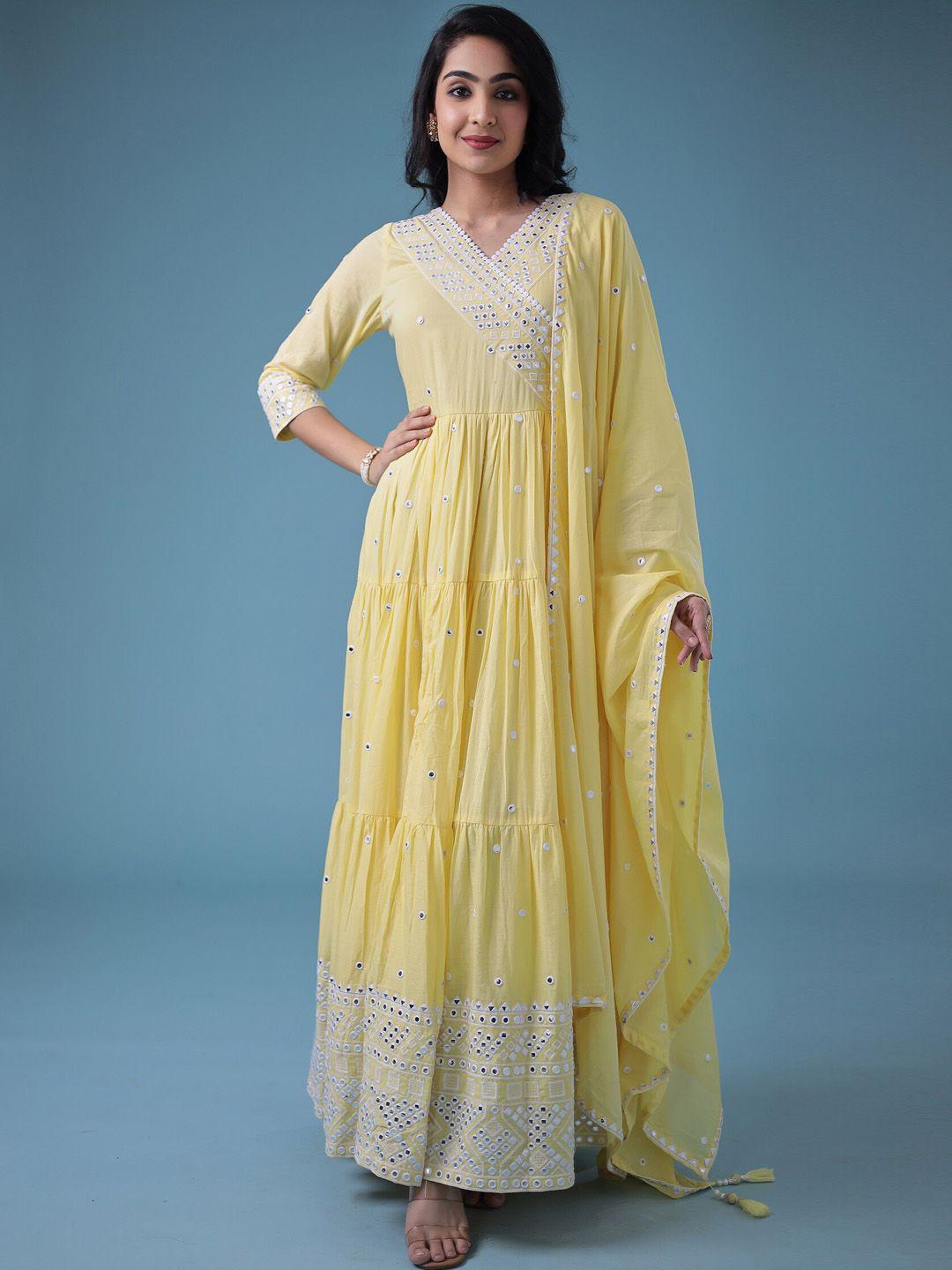 zari women yellow pure cotton kurta with trousers & with dupatta
