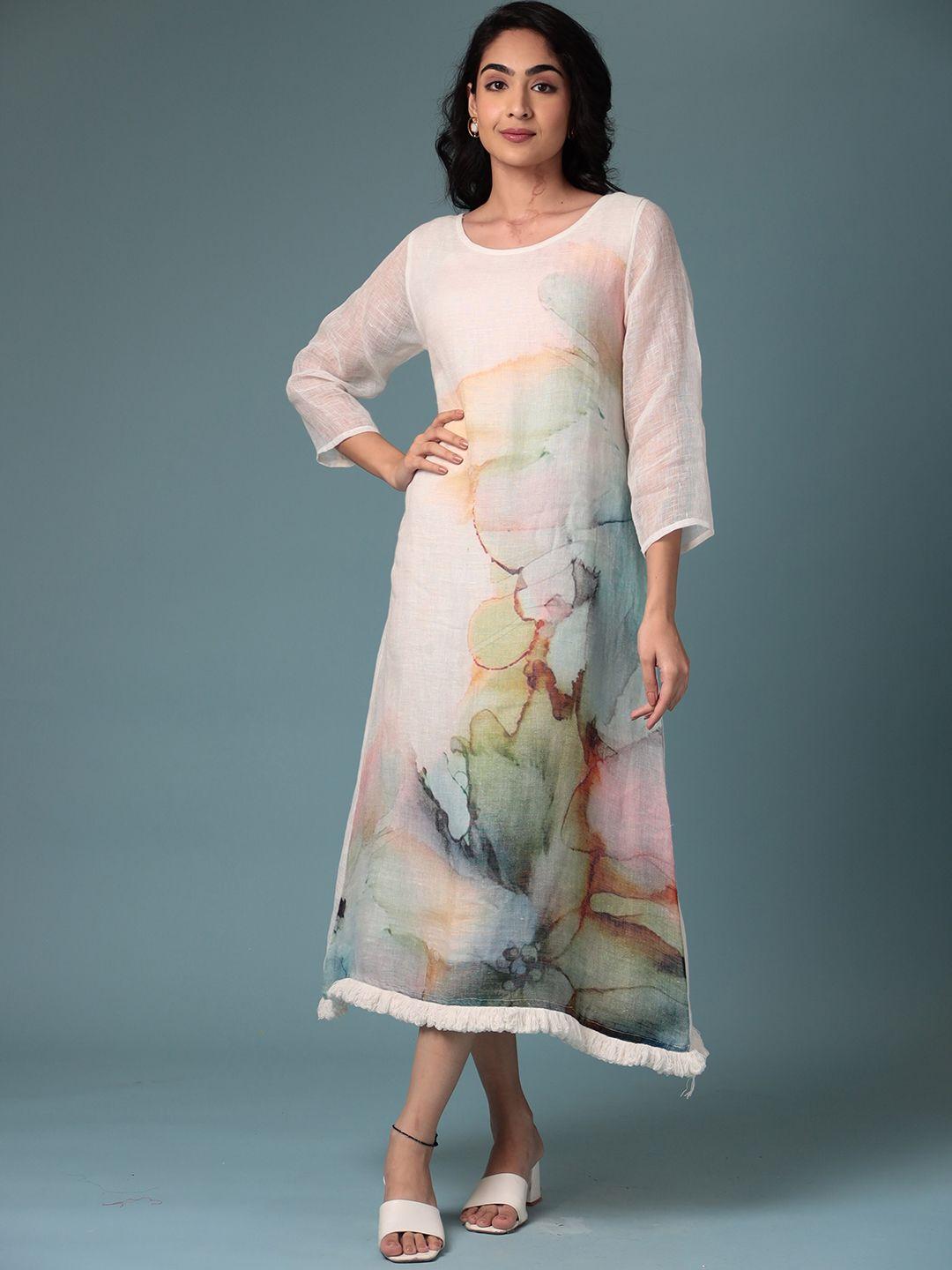 zari abstract printed round neck a-line ethnic dress