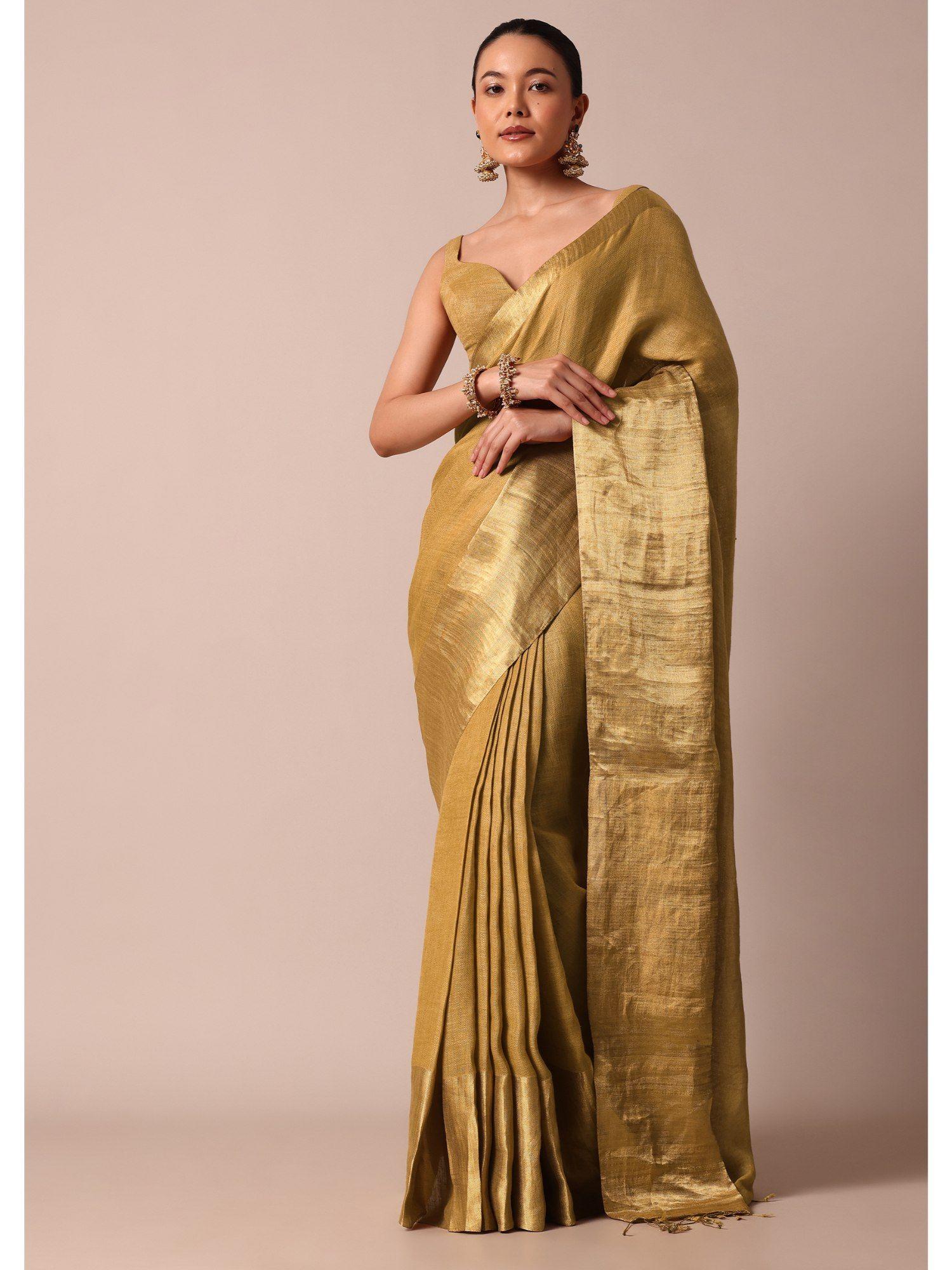 zari border gold cotton linen saree and unstitched blouse piece