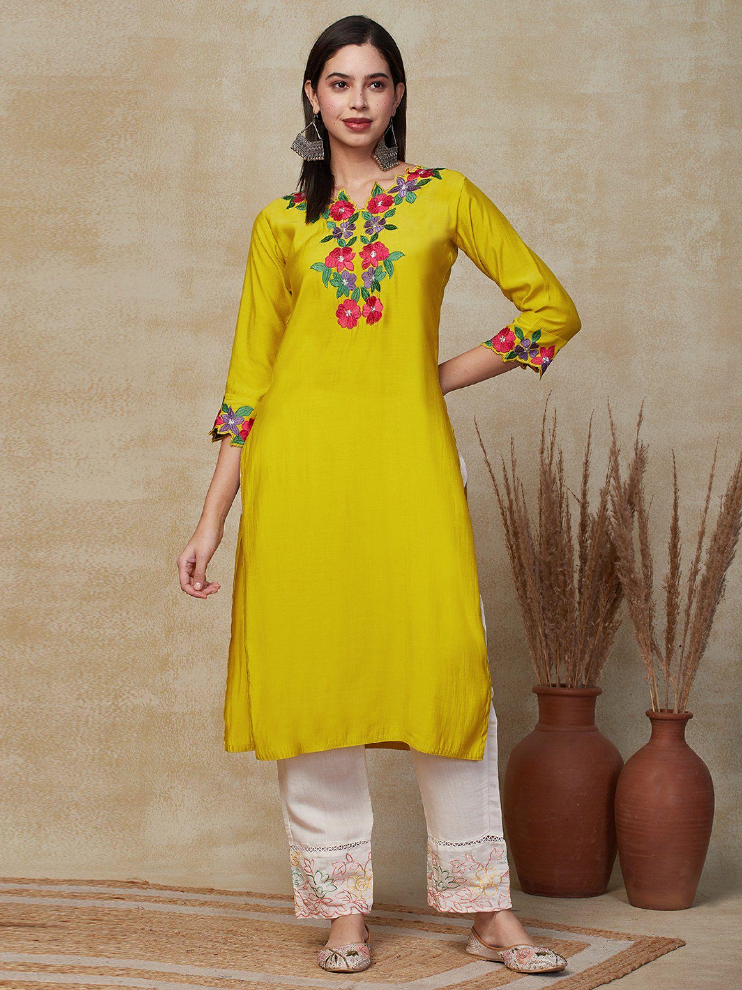 zari cutwork embroidered kurta - yellow