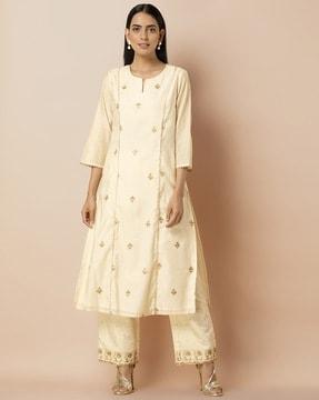 zari embroidered chanderi straight kurta