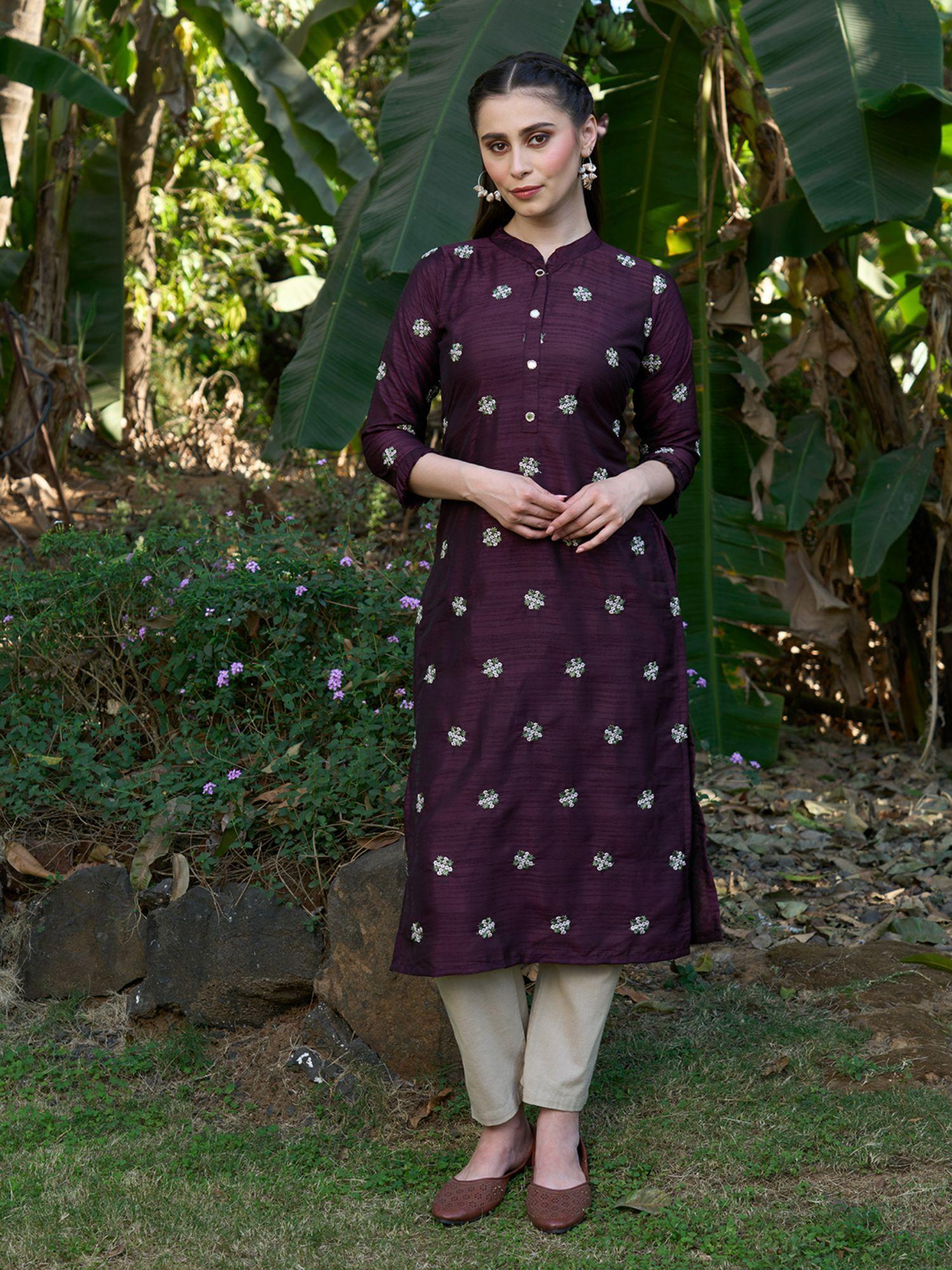 zari embroidered straight fit kurta - deep purple