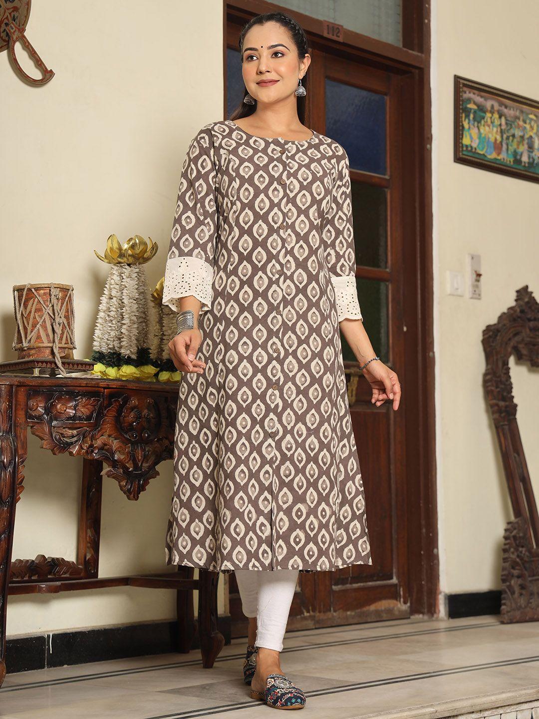 zari ethnic motifs printed a-line cotton kurta