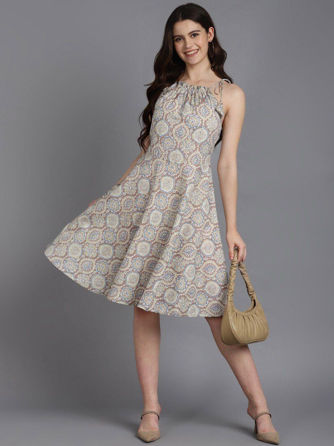 zari ethnic motifs printed shoulder strap sleeveless cotton casual a-line dress