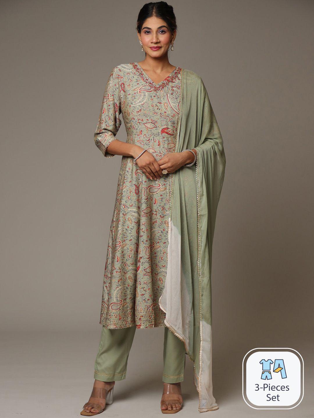 zari floral printed a-line kurta with trousers & with dupatta