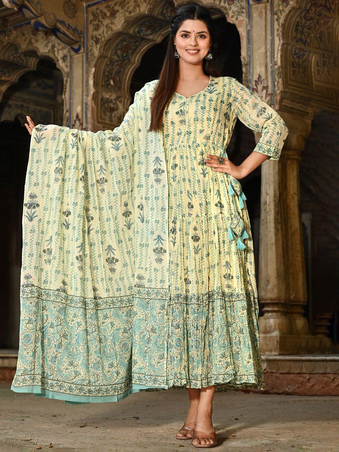 zari floral printed cotton fit & flare ethnic dresses with dupatta