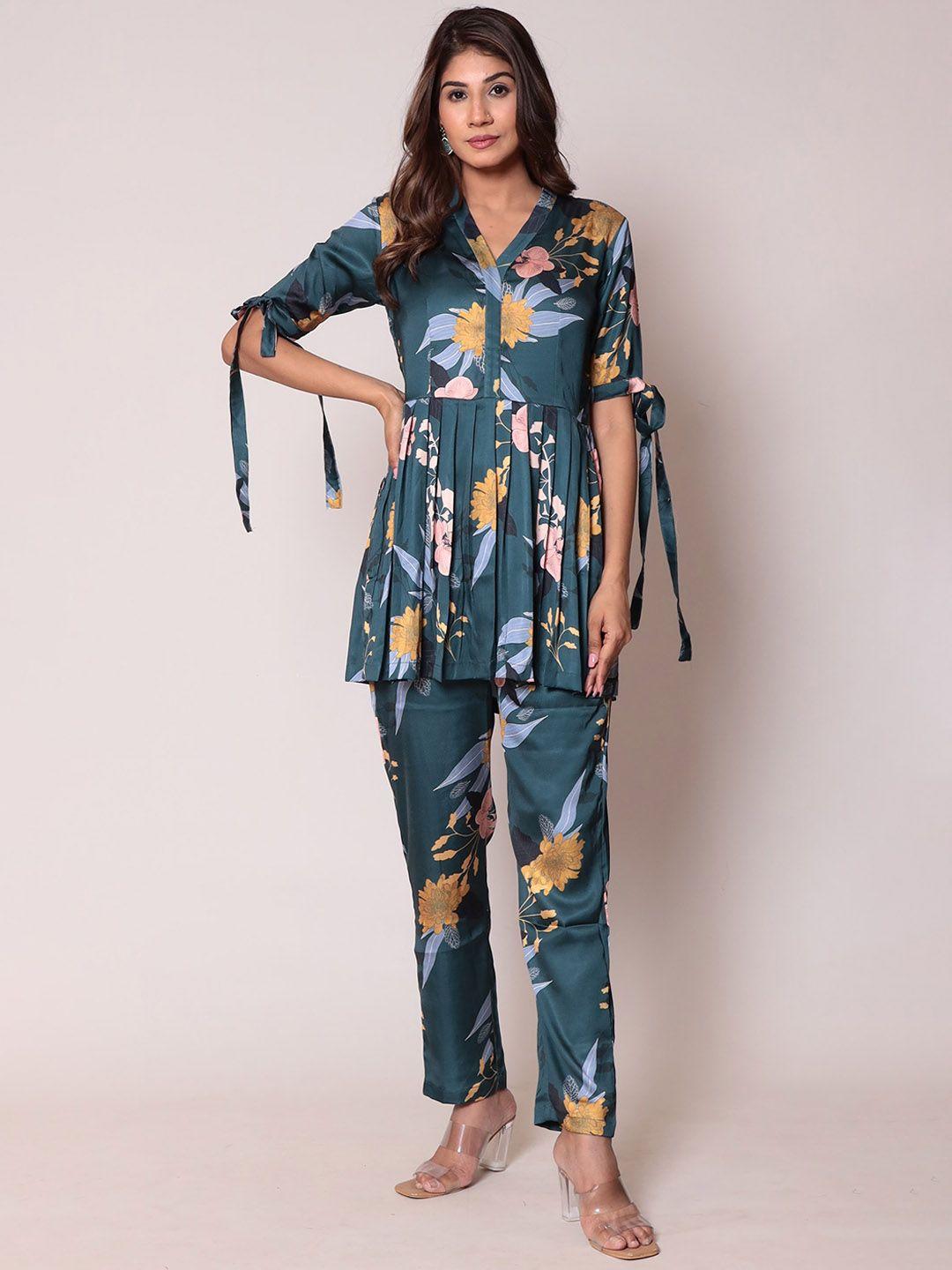 zari floral printed gathered detailed tunic top with trouser co-ord set