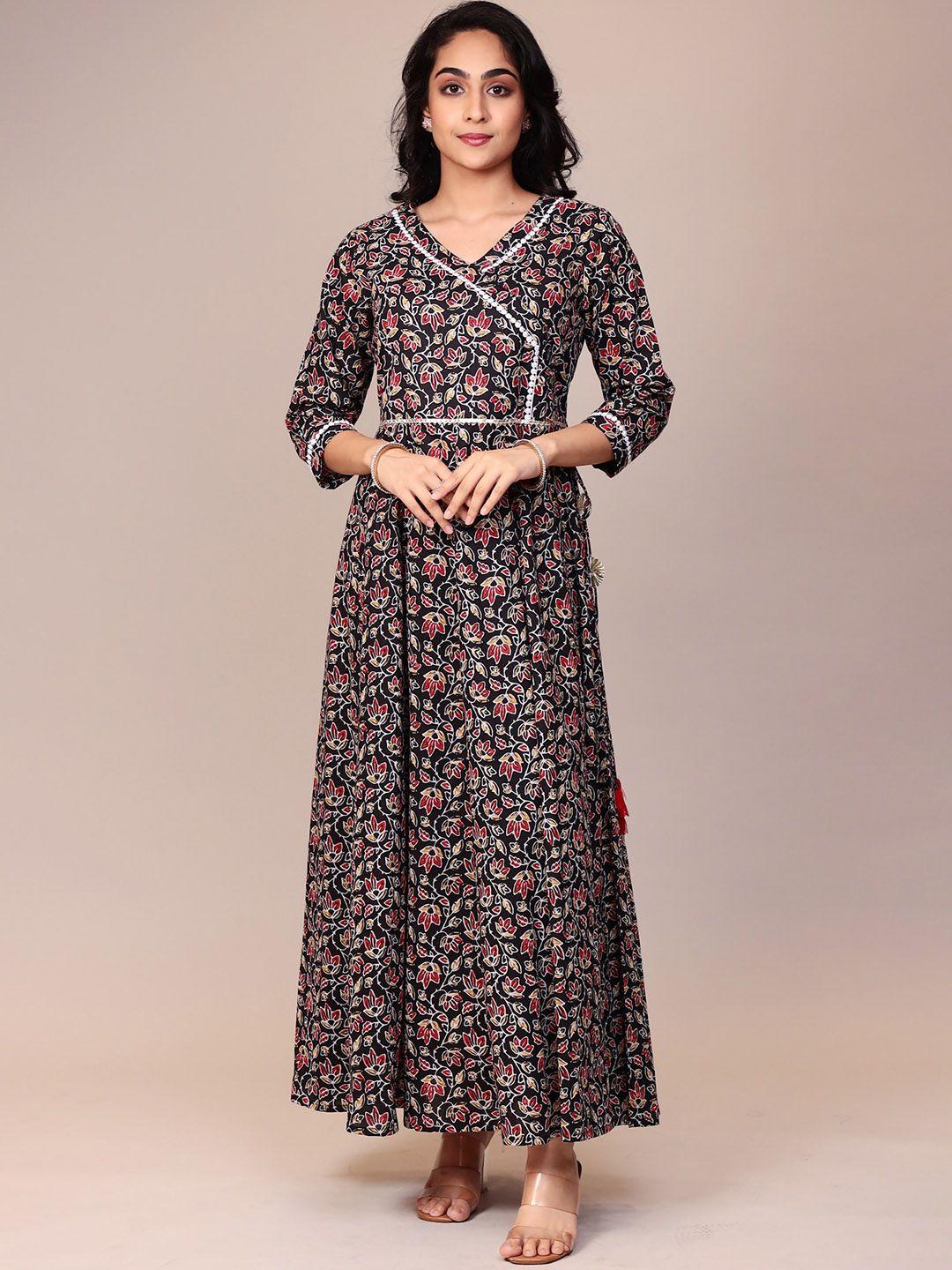 zari floral printed gotta patti cotton a-line maxi ethnic dress