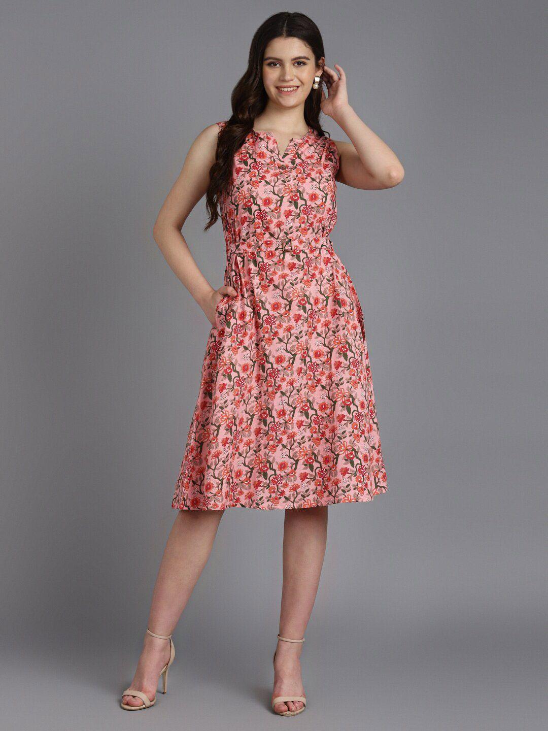 zari floral printed mandarin collar gathered & belted cotton fit & flare dress