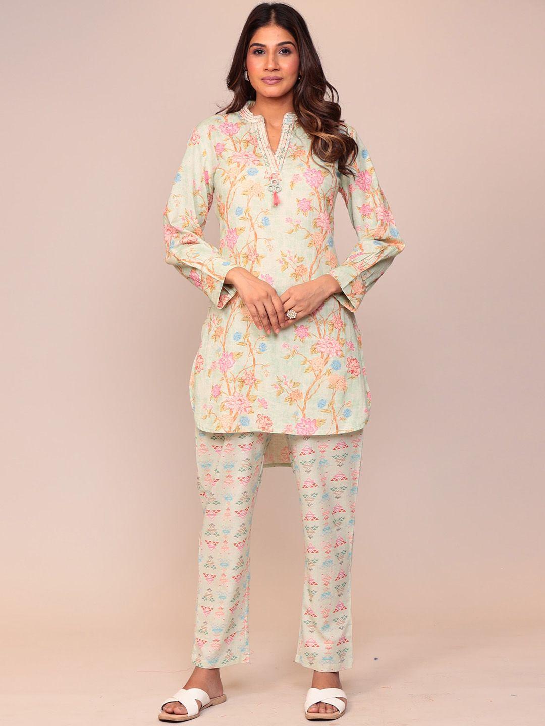 zari floral printed mandarin collar linen tunic top with trousers