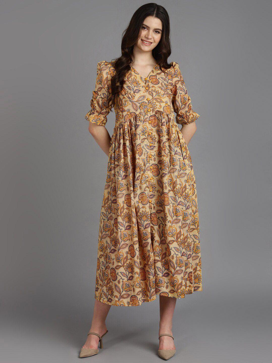zari floral printed puff sleeve gathered cotton empire dress