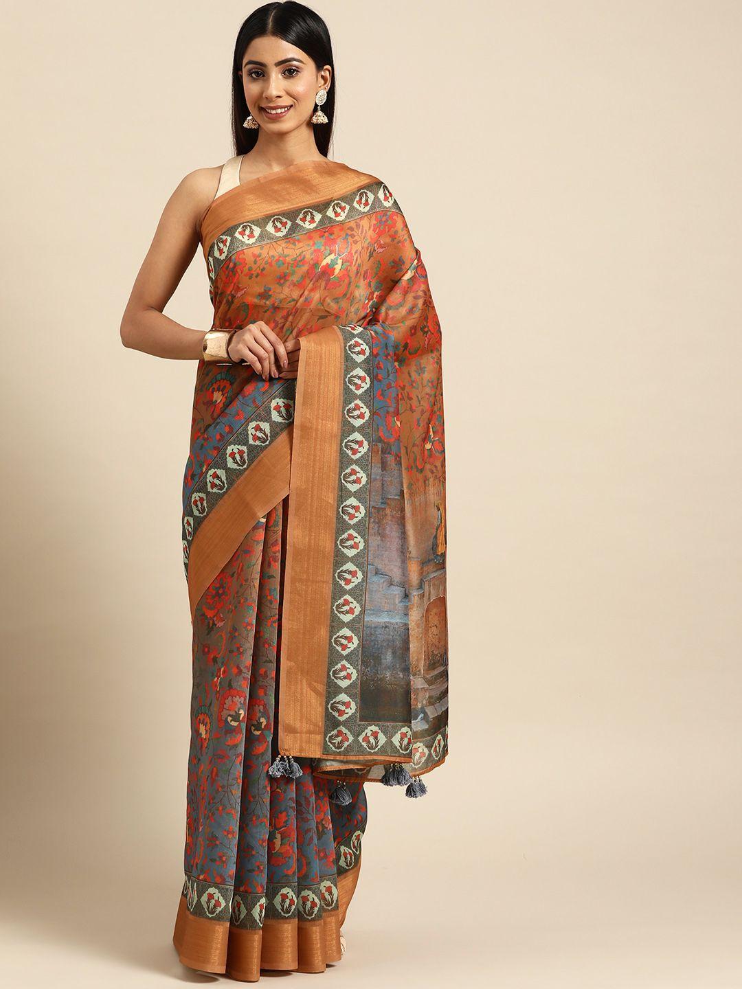 zari floral printed pure silk saree