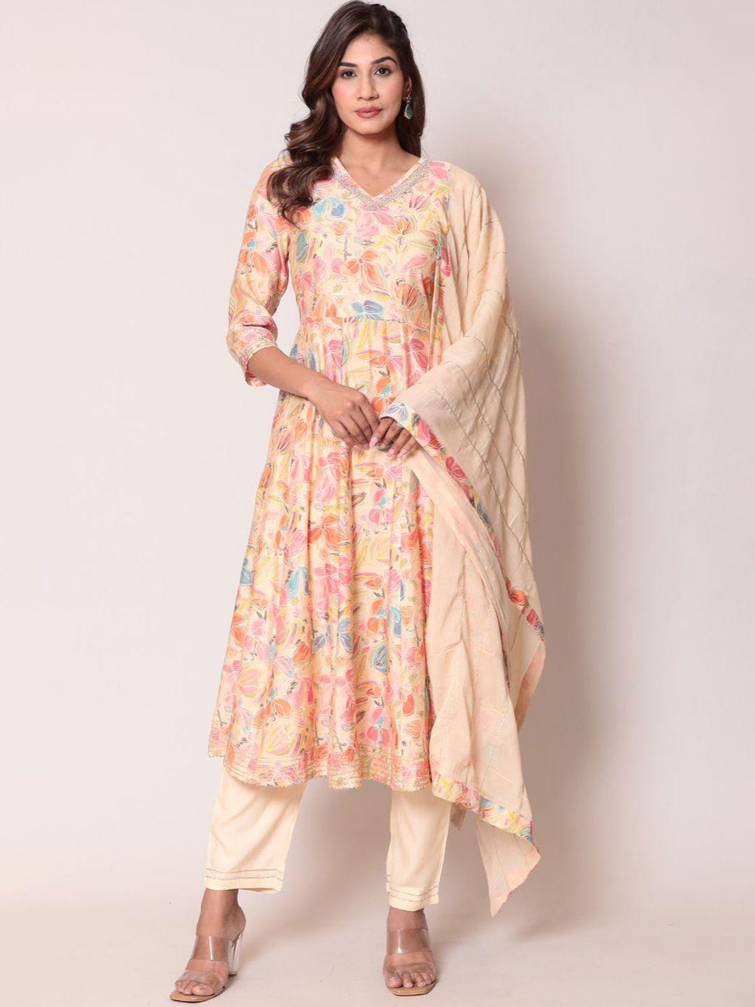 zari floral printed sequinned anarkali kurta with trousers & with dupatta