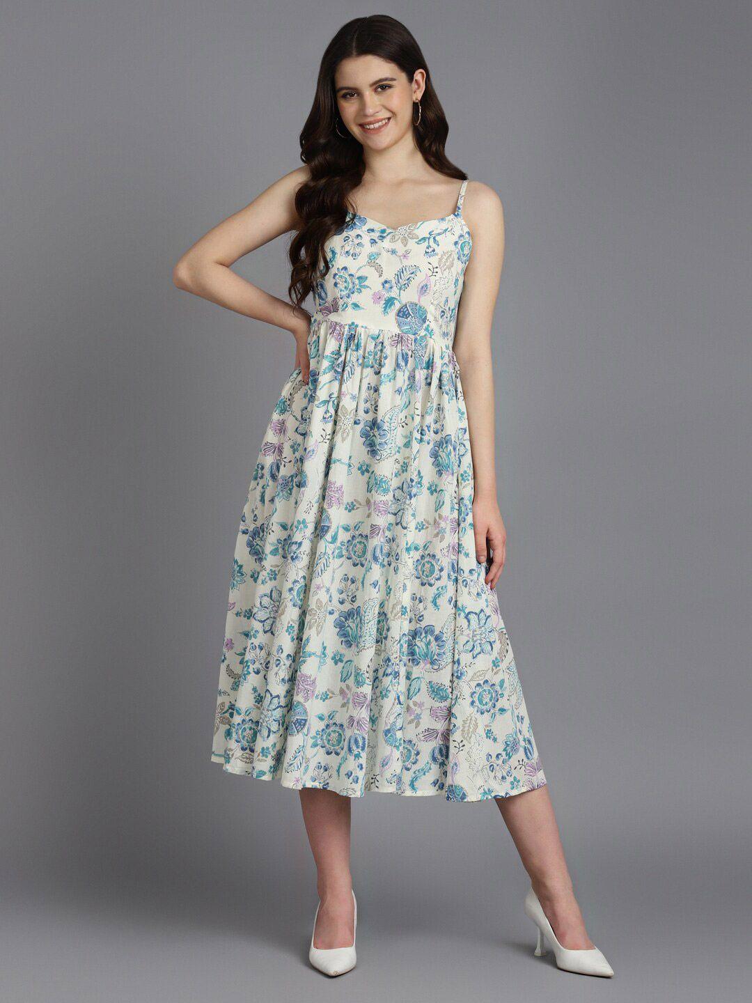 zari floral printed shoulder strap sleeveless cotton casual fit & flare midi dress