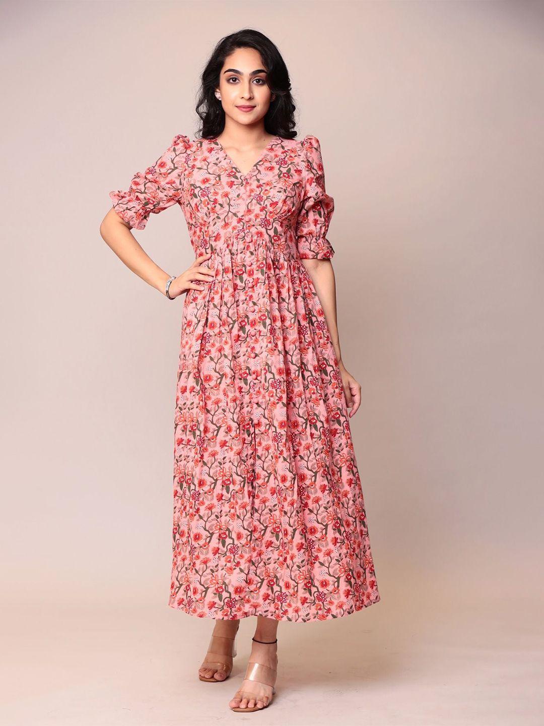 zari floral printed v-neck puff sleeves cotton maxi dress