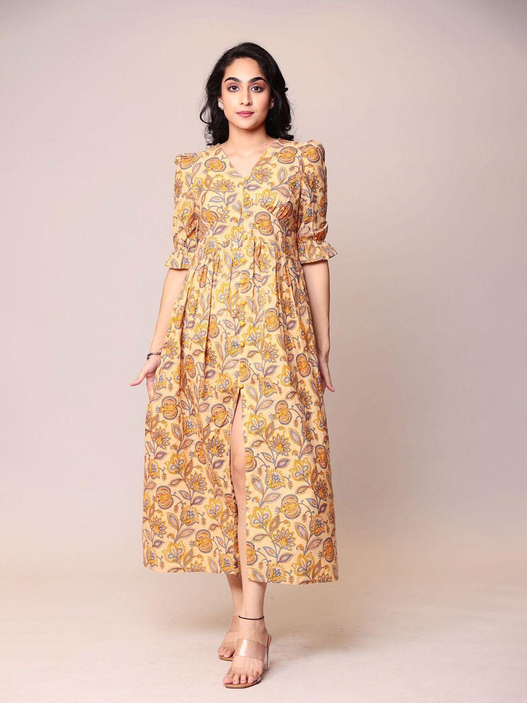 zari floral printed v-neck puff sleeves cotton maxi dress