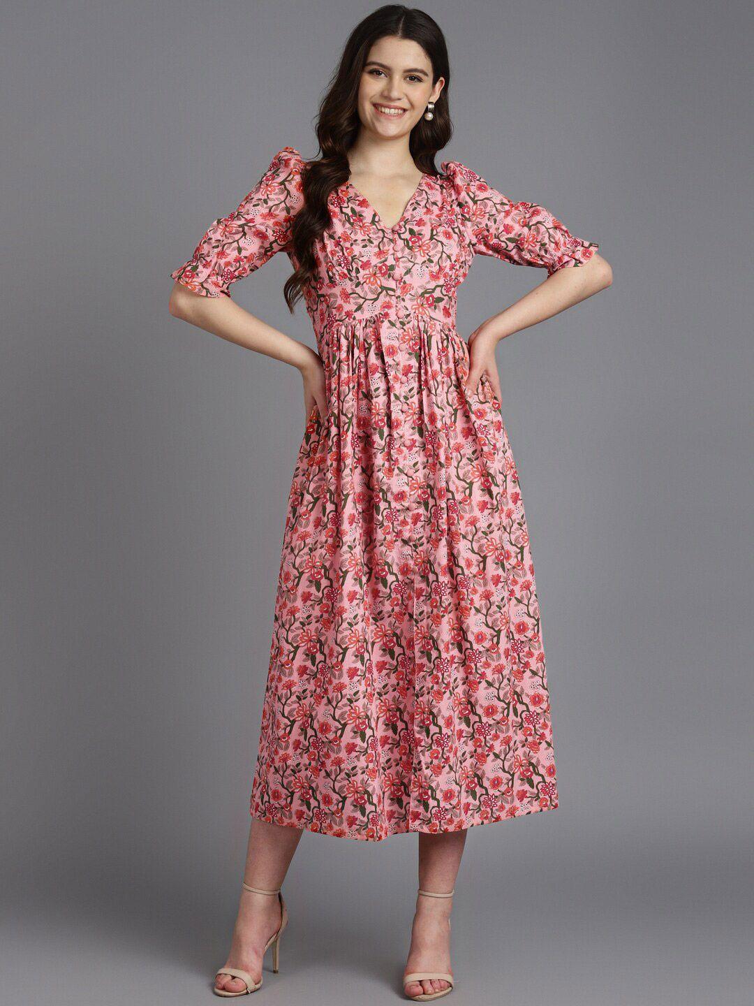 zari floral printed v-neck puff sleeves gathered cotton casual a-line midi dress