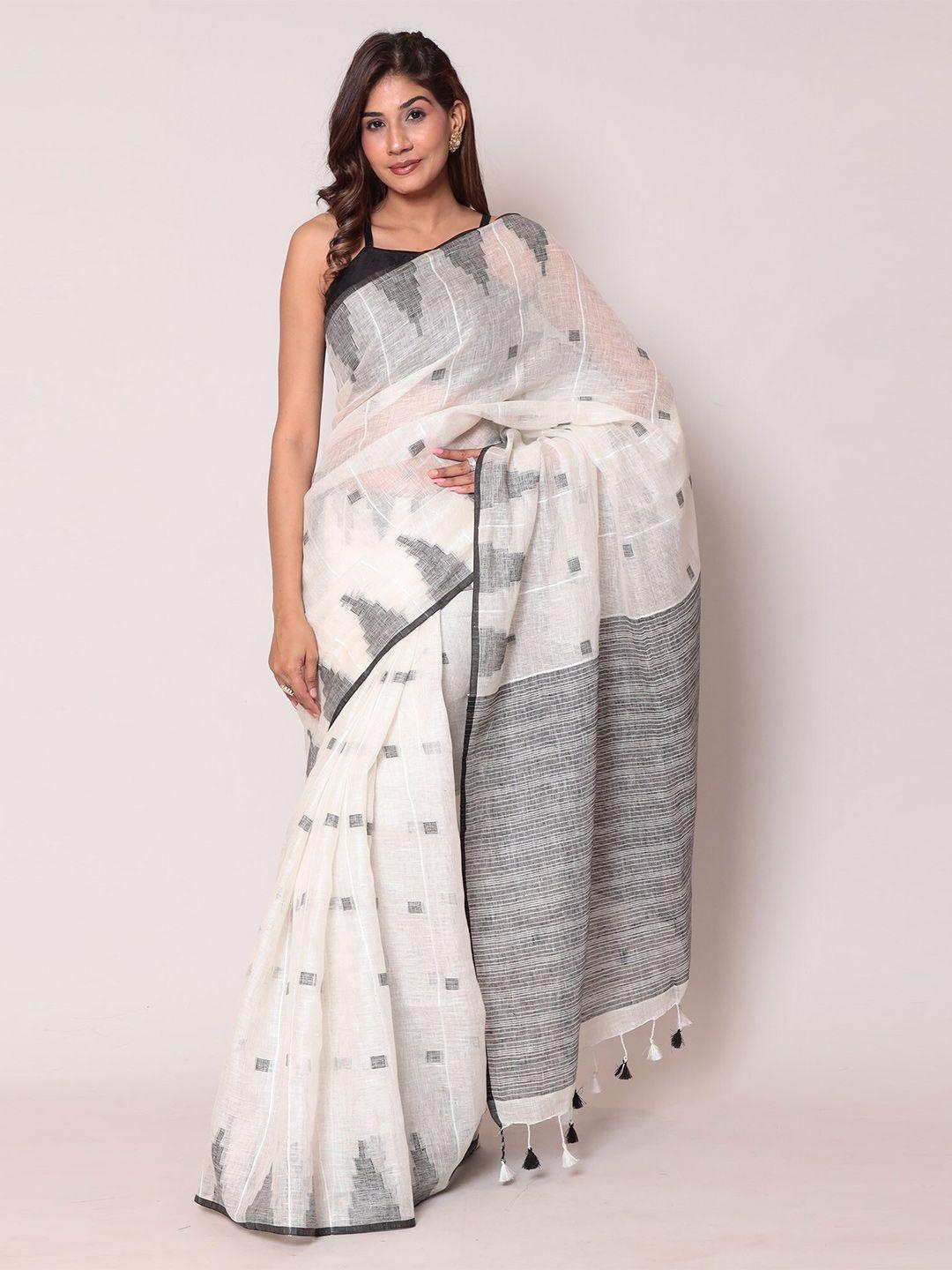 zari geometric woven design pure linen saree
