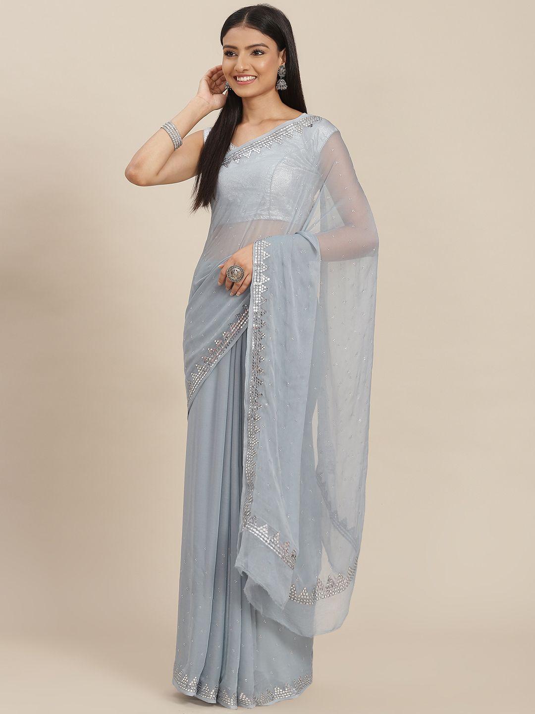 zari grey embellished sequinned pure chiffon saree