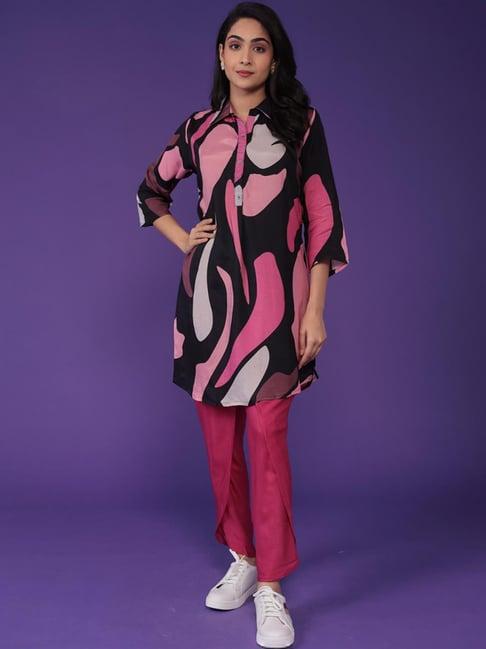 zari jaipur black & pink printed kurti pant set