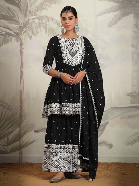 zari jaipur black cotton embroidered kurti sharara set with dupatta